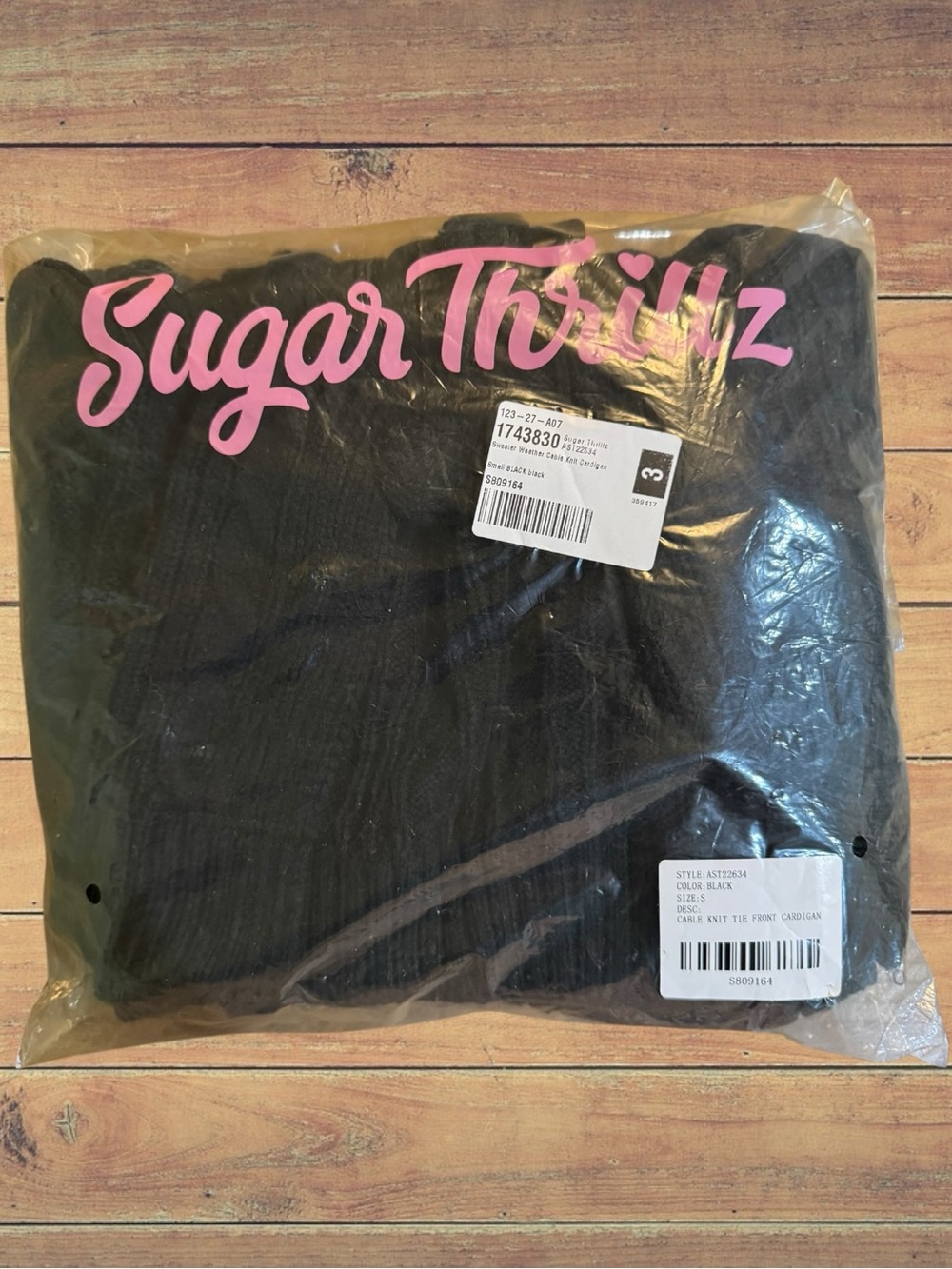 Sugar Thrillz Black Knit Open Front Adjustable Tie Lightweight Cardigan NWT S - Picture 9 of 12